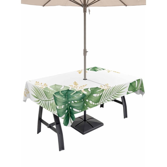 Outdoor Tablecloth with Umbrella Hole for Patio/Picnic/Party/Camping, Green Botanical Waterproof Table Cloth Rectangle Table Cover Washable, Summer Monstera Leaf Tropical Foliage (60"x 84")