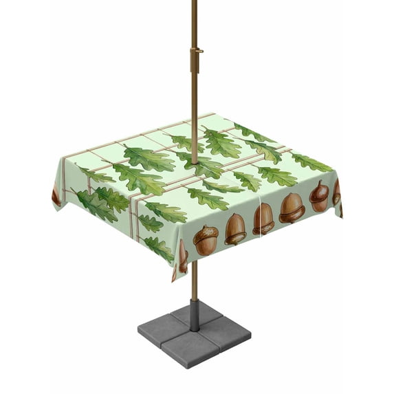 Outdoor Tablecloth with Umbrella Hole for Patio/Picnic/Party/Camping, Green Botanical Waterproof Table Cloth Square Cover Washable, Acorn Spring Summer Plant Leaves (54"x 54")