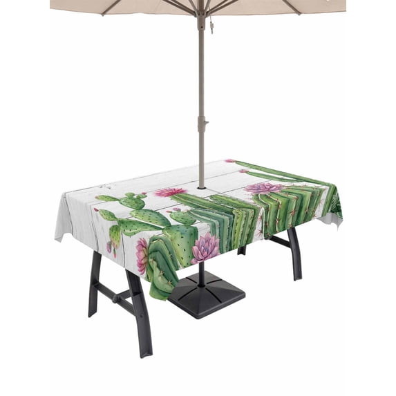 Outdoor Tablecloth with Umbrella Hole for Patio/Picnic/Party/Camping, Green Cactus Tropical Waterproof Table Cloth Rectangle Table Cover Washable, Grey Wooden Summer (60"x 120")