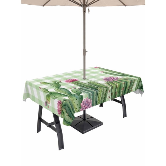 Outdoor Tablecloth with Umbrella Hole for Patio/Picnic/Party/Camping, Green Cactus Tropical Waterproof Table Cloth Rectangle Table Cover Washable, Sage Green Buffalo Plaid Summer (60"x 102")