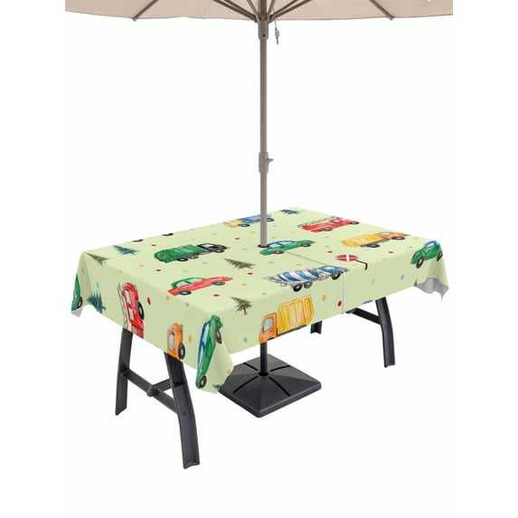 Outdoor Tablecloth with Umbrella Hole for Patio/Picnic/Party/Camping, Green Cartoon Truck Waterproof Table Cloth Rectangle Table Cover Washable, Funny Cute Colorful Car Tree Polka Dot (60"x 102")