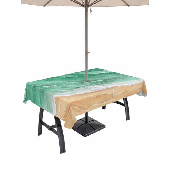 Outdoor Tablecloth with Umbrella Hole for Patio/Picnic/Party/Camping, Green Coastal Beach Waterproof Table Cloth Rectangle Table Cover Washable, Summer Nautical Ocean Beige Seaside (60"x 102")