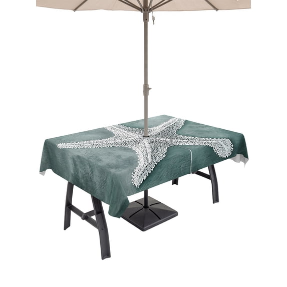 Outdoor Tablecloth with Umbrella Hole for Patio/Picnic/Party/Camping, Green Coastal Waterproof Table Cloth Rectangle Table Cover Washable, Summer Ocean Beach Nautical Modern Starfish (60"x 84")