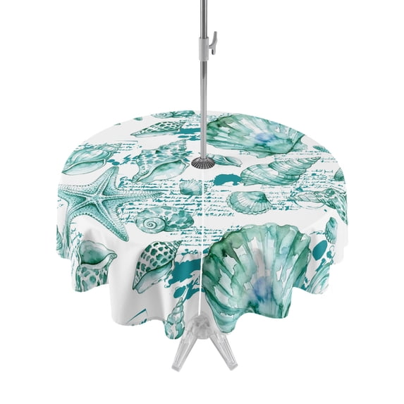 Outdoor Tablecloth with Umbrella Hole for Patio/Picnic/Party/Camping, Green Coastal Waterproof Table Cloth Round Cover Washable, Summer Conch Starfish Scallops Vintage Nautical (Dia 54")