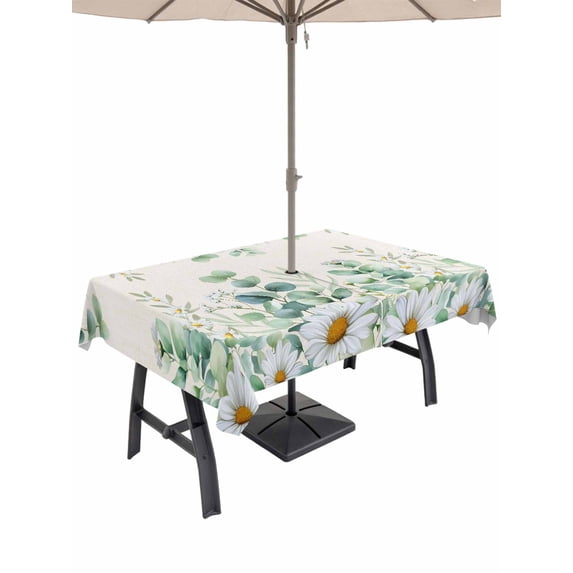 Outdoor Tablecloth with Umbrella Hole for Patio/Picnic/Party/Camping, Green Eucalyptus Leaves Waterproof Table Cloth Rectangle Table Cover Washable, Daisy Summer Botanical Watercolor (52"x 70")