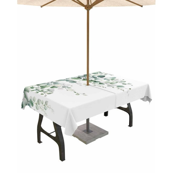 Outdoor Tablecloth with Umbrella Hole for Patio/Picnic/Party/Camping, Green Eucalyptus Leaves Waterproof Table Cloth Rectangle Table Cover Washable, Pastoral Farmhouse Botanical 54"x 80"