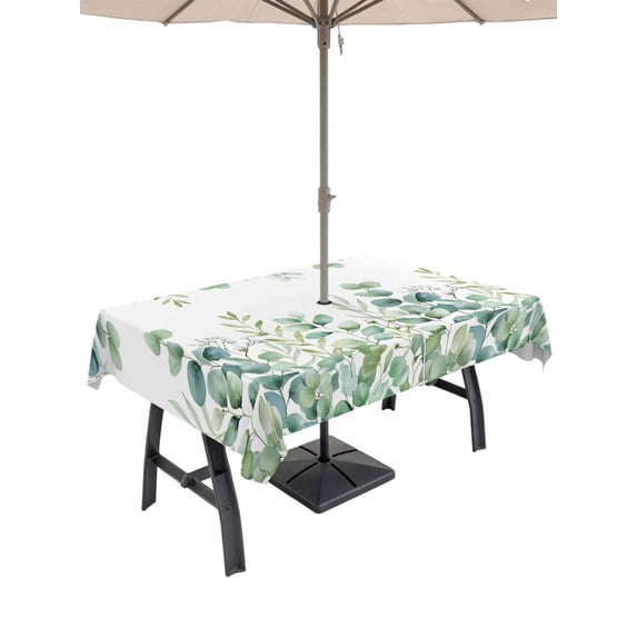 Outdoor Tablecloth with Umbrella Hole for Patio/Picnic/Party/Camping, Green Eucalyptus Leaves Waterproof Table Cloth Rectangle Table Cover Washable, Watercolor Spring Summer Botanical (60"x 120")