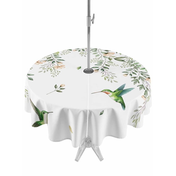 Outdoor Tablecloth with Umbrella Hole for Patio/Picnic/Party/Camping, Green Eucalyptus Leaves Waterproof Table Cloth Round Cover Washable, Birds Flowers Spring Watercolor Floral (Dia 54")