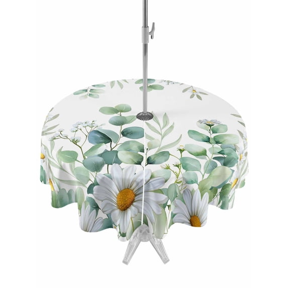 Outdoor Tablecloth with Umbrella Hole for Patio/Picnic/Party/Camping, Green Eucalyptus Leaves Waterproof Table Cloth Round Cover Washable, Summer Botanical Watercolor Daisy (Dia 60")