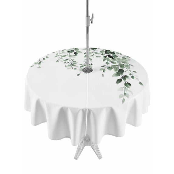 Outdoor Tablecloth with Umbrella Hole for Patio/Picnic/Party/Camping, Green Eucalyptus Waterproof Table Cloth Round Cover Washable, Weeping Botanical Leaf Watercolor (Dia 54")