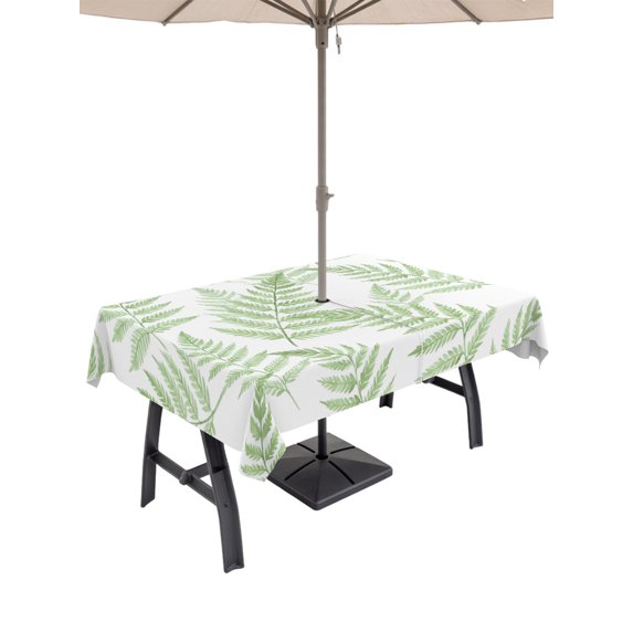 Outdoor Tablecloth with Umbrella Hole for Patio/Picnic/Party/Camping, Green Ferns Waterproof Table Cloth Rectangle Table Cover Washable, Spring Summer Botanical Leaves (60"x 102")