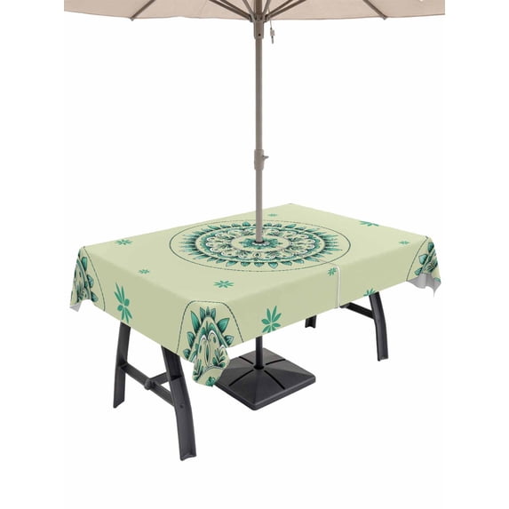 Outdoor Tablecloth with Umbrella Hole for Patio/Picnic/Party/Camping, Green Floral Waterproof Table Cloth Rectangle Table Cover Washable, round Floral Ethnic Abstract Patterned (60"x 120")