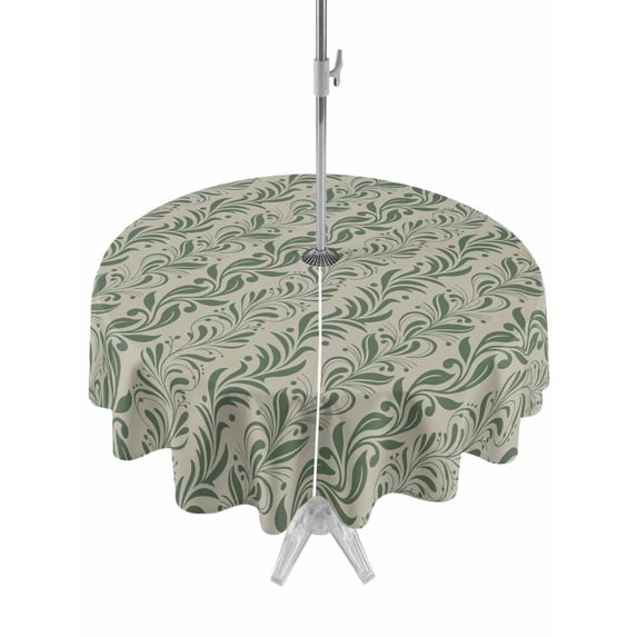 Outdoor Tablecloth with Umbrella Hole for Patio/Picnic/Party/Camping, Green Floral Waterproof Table Cloth Round Cover Washable, Spring Flowers Pattern Botanical Vintage (Dia 54")