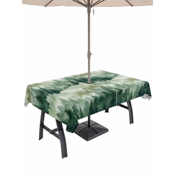 Outdoor Tablecloth with Umbrella Hole for Patio/Picnic/Party/Camping, Green Forest Waterproof Table Cloth Rectangle Table Cover Washable, Green Ombre Trees Abstract Art (60"x 84")