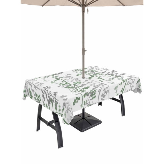 Outdoor Tablecloth with Umbrella Hole for Patio/Picnic/Party/Camping, Green Grey Botanical Waterproof Table Cloth Rectangle Table Cover Washable, Spring Floral Summer Farmhouse (52"x 70")