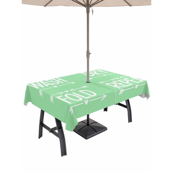 Outdoor Tablecloth with Umbrella Hole for Patio/Picnic/Party/Camping, Green Laundry Waterproof Table Cloth Rectangle Table Cover Washable, Wash Dry Fold Repeat Minimalist Text (60"x 102")