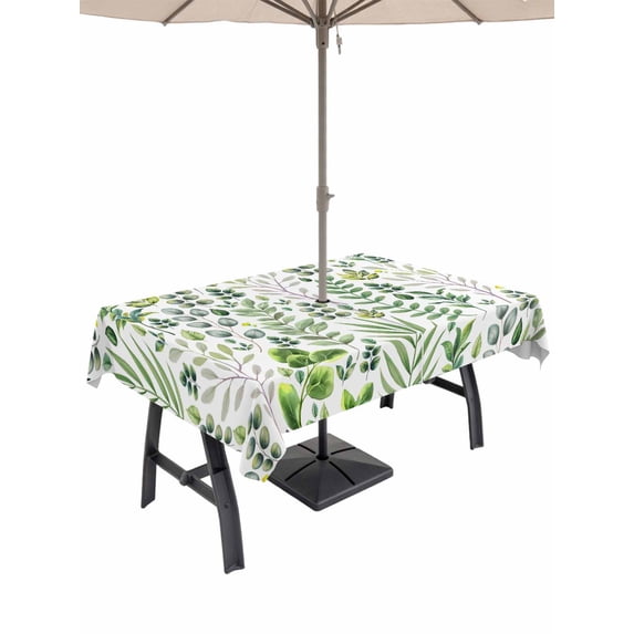 Outdoor Tablecloth with Umbrella Hole for Patio/Picnic/Party/Camping, Green Leaves Waterproof Table Cloth Rectangle Table Cover Washable, Elegant Pastoral Summer Botanical Leaf (52"x 70")