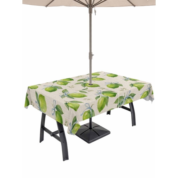 Outdoor Tablecloth with Umbrella Hole for Patio/Picnic/Party/Camping, Green Lemons Waterproof Table Cloth Rectangle Table Cover Washable, Summer Watercolor Blue Bow on Fruits on Linen (54"x 80")