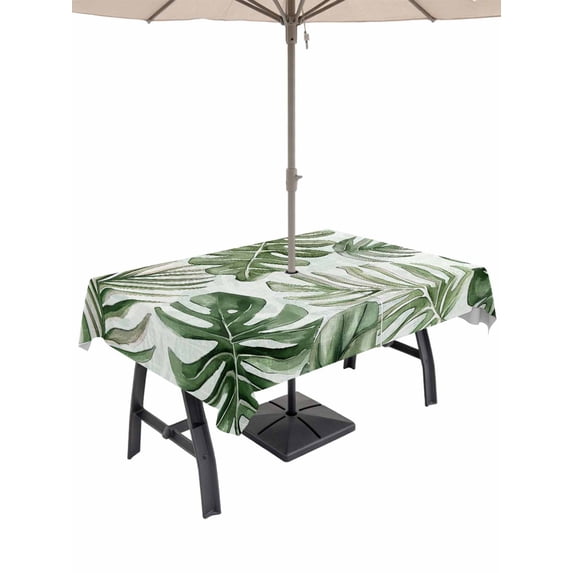 Outdoor Tablecloth with Umbrella Hole for Patio/Picnic/Party/Camping, Green Monstera Deliciosa Waterproof Table Cloth Rectangle Table Cover Washable, Summer Botanical Tropical (52"x 70")