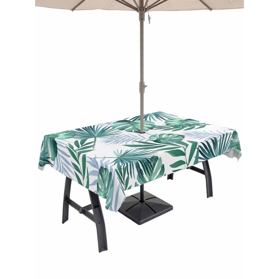Outdoor Tablecloth with Umbrella Hole for Patio/Picnic/Party/Camping, Green Monstera Leaves Waterproof Table Cloth Rectangle Table Cover Washable, Tropical Blue Palm Leaf Botanical Summer (60"x 84")