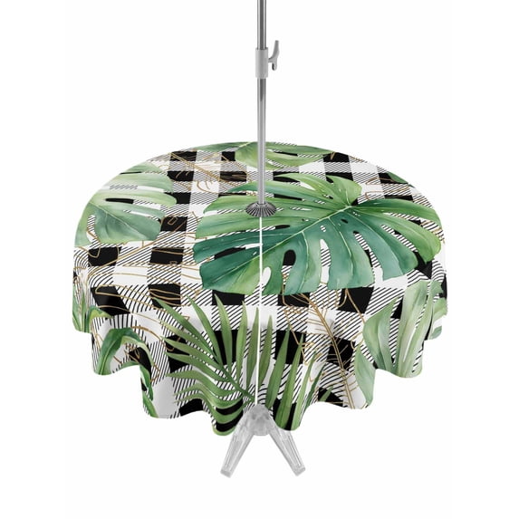 Outdoor Tablecloth with Umbrella Hole for Patio/Picnic/Party/Camping, Green Monstera Leaves Waterproof Table Cloth Round Cover Washable, Black Check Tropical Summer Botanical (Dia 54")
