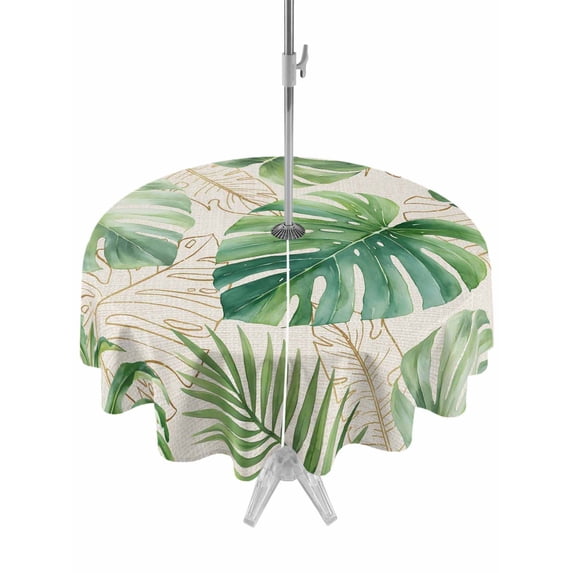Outdoor Tablecloth with Umbrella Hole for Patio/Picnic/Party/Camping, Green Monstera Leaves Waterproof Table Cloth Round Cover Washable, Vintage Tropical Summer Botanical (Dia 54")