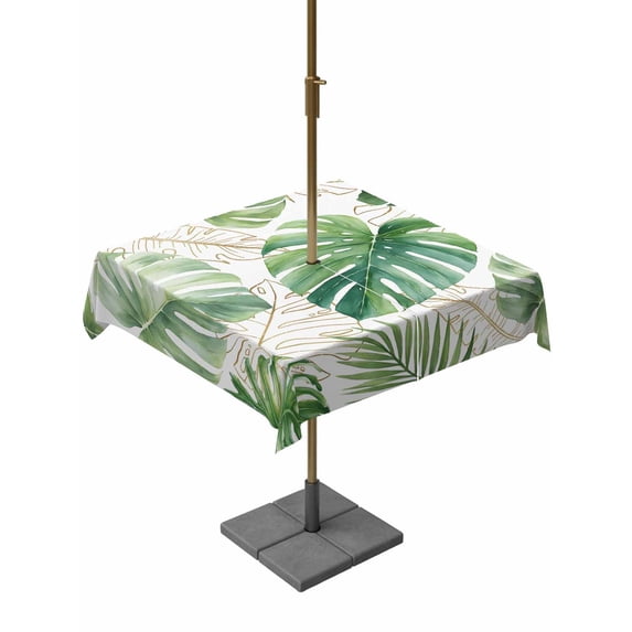 Outdoor Tablecloth with Umbrella Hole for Patio/Picnic/Party/Camping, Green Monstera Leaves Waterproof Table Cloth Square Cover Washable, Tropical Summer Botanical (54"x 54")