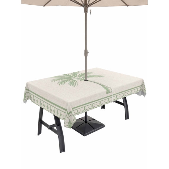Outdoor Tablecloth with Umbrella Hole for Patio/Picnic/Party/Camping, Green Palm Tree Waterproof Table Cloth Rectangle Table Cover Washable, Summer Tropical Plants Leaves Retro Beige (60"x 120")