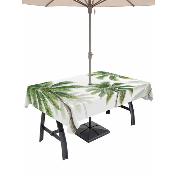 Outdoor Tablecloth with Umbrella Hole for Patio/Picnic/Party/Camping, Green Palm Trees Seaside Waterproof Table Cloth Rectangle Table Cover Washable, Tropical Summer Botanical Coastal (60"x 120")