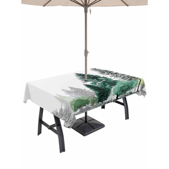 Outdoor Tablecloth with Umbrella Hole for Patio/Picnic/Party/Camping, Green Pine Tree Waterproof Table Cloth Rectangle Table Cover Washable, Farmhouse Nature Forest Landscape (60"x 102")
