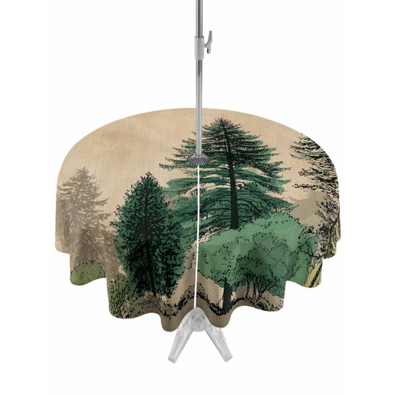 Outdoor Tablecloth with Umbrella Hole for Patio/Picnic/Party/Camping, Green Pine Tree Waterproof Table Cloth Round Cover Washable, Retro Country Forest Natural Landscape (Dia 60")
