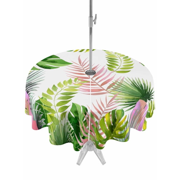 Outdoor Tablecloth with Umbrella Hole for Patio/Picnic/Party/Camping, Green Pink Monstera Leaves Waterproof Table Cloth Round Cover Washable, Summer Botanical Tropical (Dia 54")