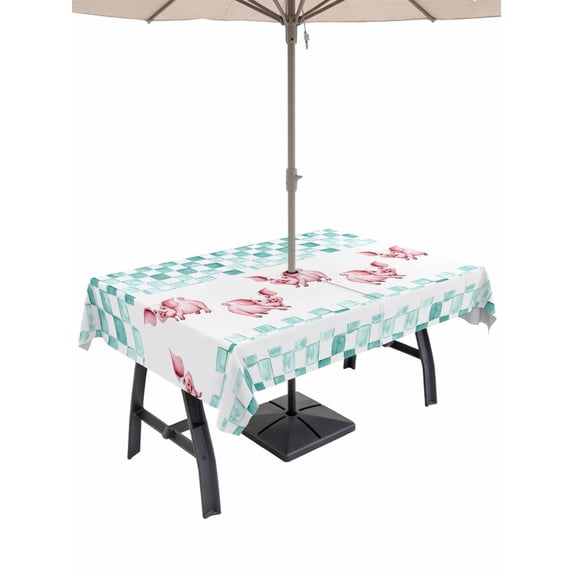 Outdoor Tablecloth with Umbrella Hole for Patio/Picnic/Party/Camping, Green Plaid Farmhouse Waterproof Table Cloth Rectangle Table Cover Washable, Watercolor Cute Country Pigs Checkered (54"x 80")