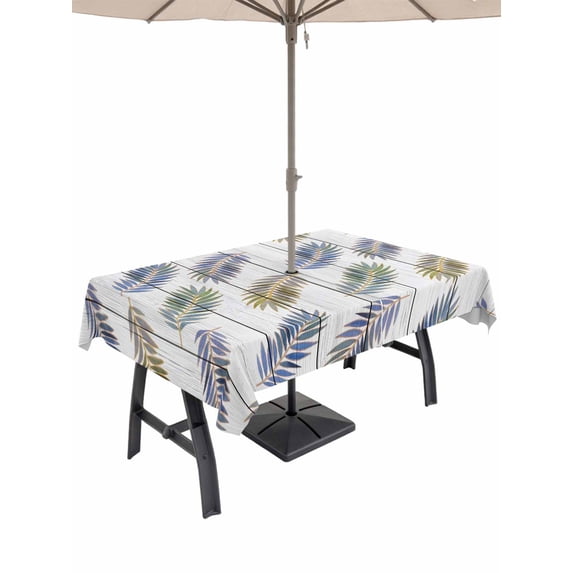 Outdoor Tablecloth with Umbrella Hole for Patio/Picnic/Party/Camping, Green Purple Palm Leaf Waterproof Table Cloth Rectangle Table Cover Washable, Summer Botanical Tropical Vintage (60"x 102")