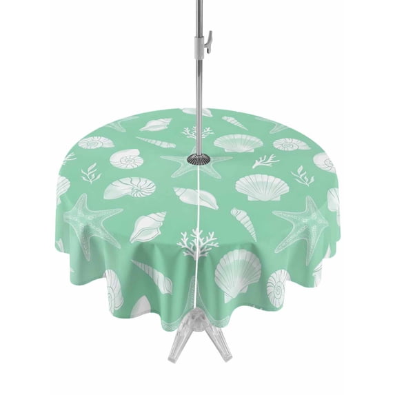 Outdoor Tablecloth with Umbrella Hole for Patio/Picnic/Party/Camping, Green Starfish Coastal Waterproof Table Cloth Round Cover Washable, Shell Conch Coral Nautical Summer (Dia 60")