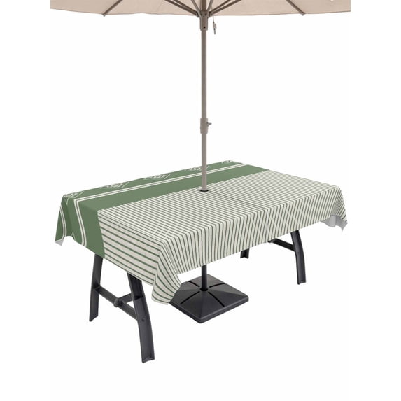 Outdoor Tablecloth with Umbrella Hole for Patio/Picnic/Party/Camping, Green Striped Waterproof Table Cloth Rectangle Table Cover Washable, Contemporary Geometric Art Rustic (60"x 102")