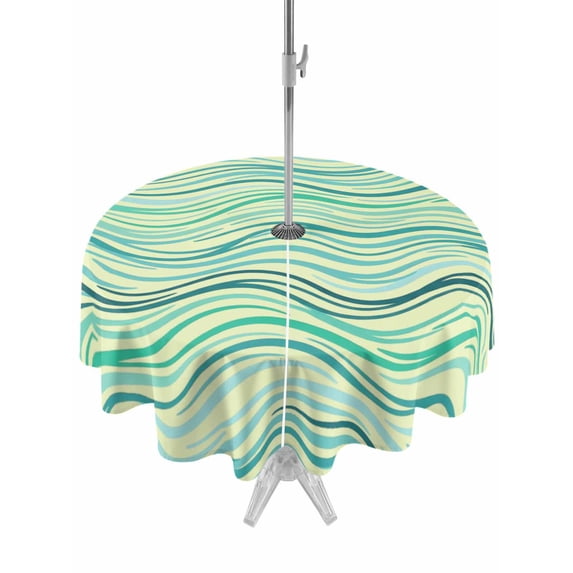 Outdoor Tablecloth with Umbrella Hole for Patio/Picnic/Party/Camping, Green Striped Waterproof Table Cloth Round Cover Washable, Light Yellow Simple Abstract Waves Lines (Dia 60")