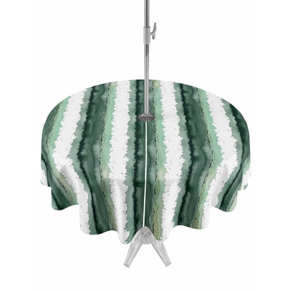 Outdoor Tablecloth with Umbrella Hole for Patio/Picnic/Party/Camping, Green Striped Waterproof Table Cloth Round Cover Washable, Watercolor Farmhouse Stripes Abstract (Dia 54")