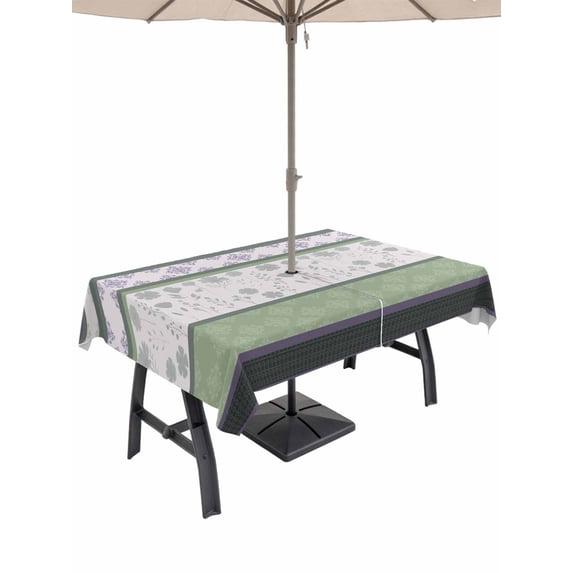 Outdoor Tablecloth with Umbrella Hole for Patio/Picnic/Party/Camping, Green Stripes Abstract Waterproof Table Cloth Rectangle Table Cover Washable, Geometric Spring Flowers Rustic (60"x 84")
