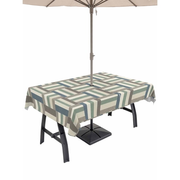 Outdoor Tablecloth with Umbrella Hole for Patio/Picnic/Party/Camping, Green Stripes Texture Waterproof Table Cloth Rectangle Table Cover Washable, Retro Minimalist Geometric Lines Art (54"x 80")