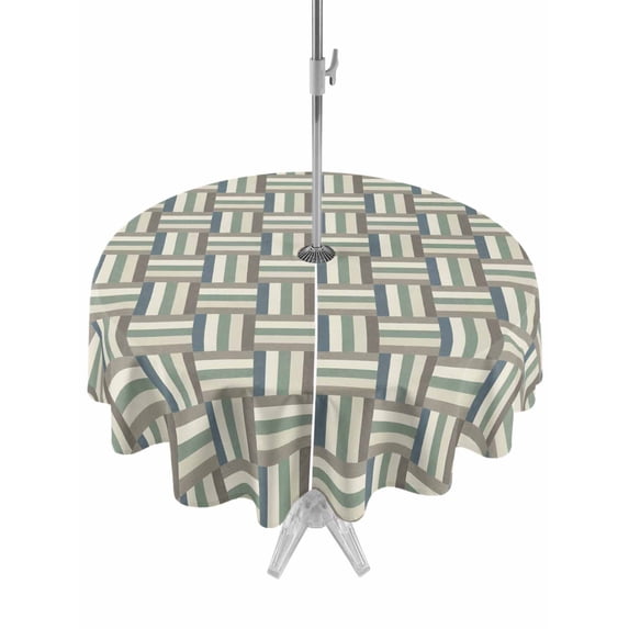 Outdoor Tablecloth with Umbrella Hole for Patio/Picnic/Party/Camping, Green Stripes Texture Waterproof Table Cloth Round Cover Washable, Retro Minimalist Geometric Lines Art (Dia 54")