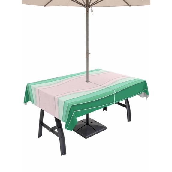 Outdoor Tablecloth with Umbrella Hole for Patio/Picnic/Party/Camping, Green Stripes Waterproof Table Cloth Rectangle Table Cover Washable, Light Pink Ombre Simple Abstract Lines (60"x 102")