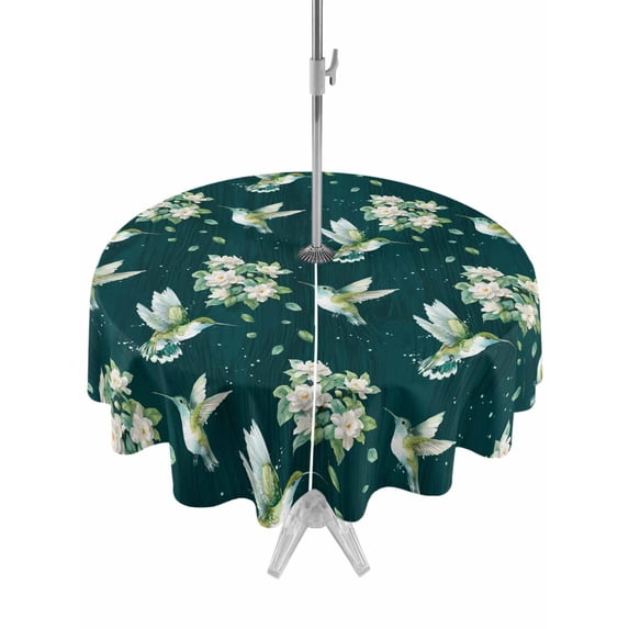 Outdoor Tablecloth with Umbrella Hole for Patio/Picnic/Party/Camping, Green Summer Botanical Waterproof Table Cloth Round Cover Washable, Spring Floral Birds Farmhouse (Dia 54")