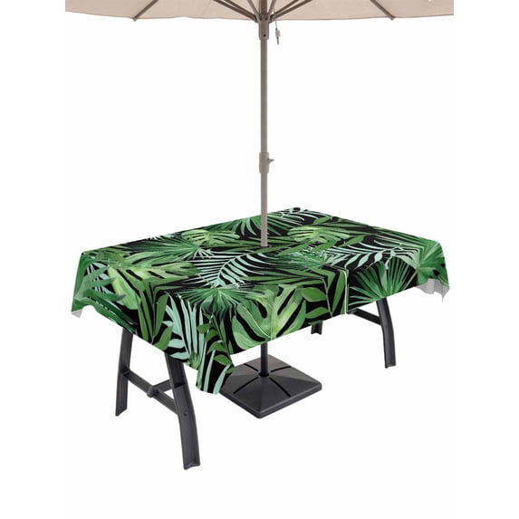 Outdoor Tablecloth with Umbrella Hole for Patio/Picnic/Party/Camping, Green Tropical Botanical Waterproof Table Cloth Rectangle Table Cover Washable, Summer Monstera Palm Leaves Black (60"x 102")