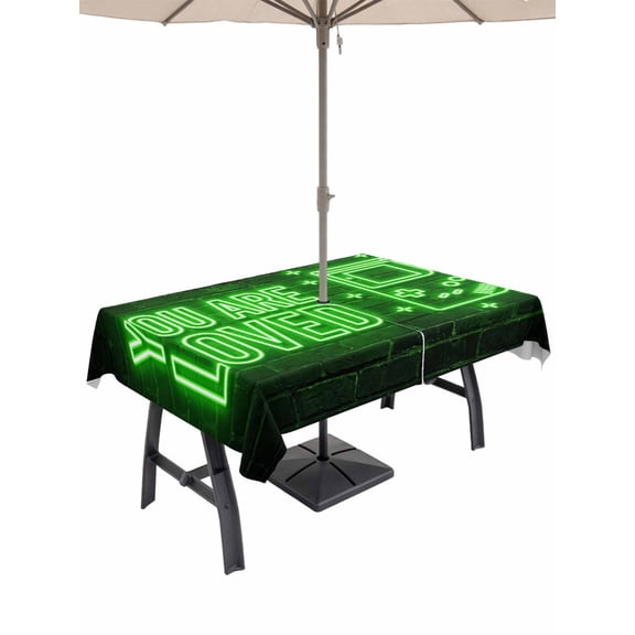 Outdoor Tablecloth with Umbrella Hole for Patio/Picnic/Party/Camping, Green Video Game Waterproof Table Cloth Rectangle Table Cover Washable, Black Modern Text Graffiti Brick (52"x 70")
