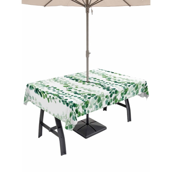 Outdoor Tablecloth with Umbrella Hole for Patio/Picnic/Party/Camping, Green Weeping Eucalyptus Waterproof Table Cloth Rectangle Table Cover Washable, Spring Summer Country Leaves (60"x 102")