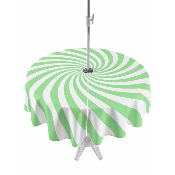 Outdoor Tablecloth with Umbrella Hole for Patio/Picnic/Party/Camping, Green White Waterproof Table Cloth Round Cover Washable, Farmhouse Striped Spiral Vortex Abstract (Dia 54")