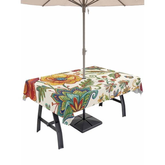 Outdoor Tablecloth with Umbrella Hole for Patio/Picnic/Party/Camping, Green Yellow Paisley Waterproof Table Cloth Rectangle Table Cover Washable, Vintage Boho Floral Botanical (54"x 80")