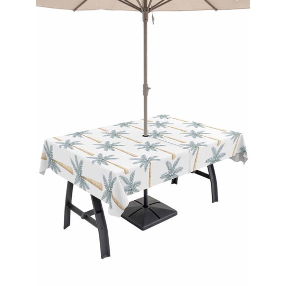 Outdoor Tablecloth with Umbrella Hole for Patio/Picnic/Party/Camping, Grey Blue Palm Tree Waterproof Table Cloth Rectangle Table Cover Washable, Summer Tropical Botanical Leaves (52"x 70")