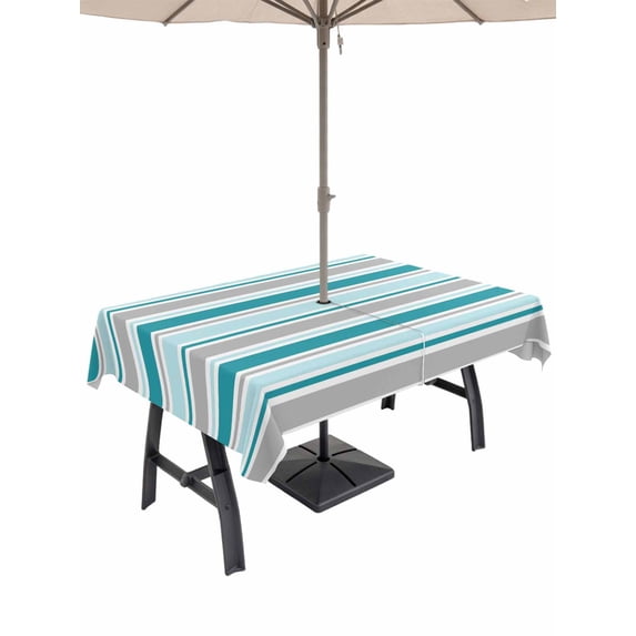 Outdoor Tablecloth with Umbrella Hole for Patio/Picnic/Party/Camping, Grey Blue Striped Waterproof Table Cloth Rectangle Table Cover Washable, Farmhouse Stripes Modern Abstract Art (60"x 84")
